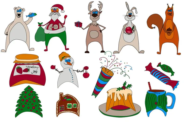 Weihnachten cartoon vektor design elemente set, handgezeichnet stil, weihnachtsmann, tiere und andere elemente. — Stockvektor