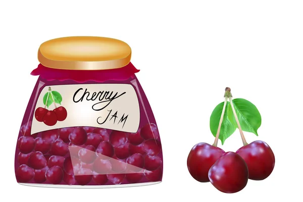 Delicious vegan jam in a jar, made of ripe juicy cherry. Fresh berries with leaves, isolated. Vector. — Stok Vektör