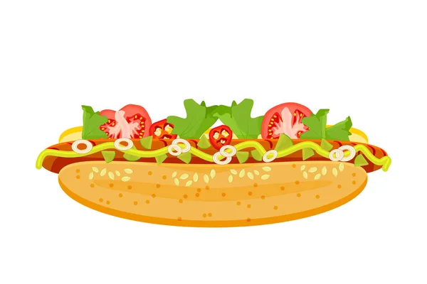 Hot Dog Elszigetelt Fehér Háttérrel Hotdog Kolbásszal Zöldséggel Mustárral Hotdog — Stock Vector