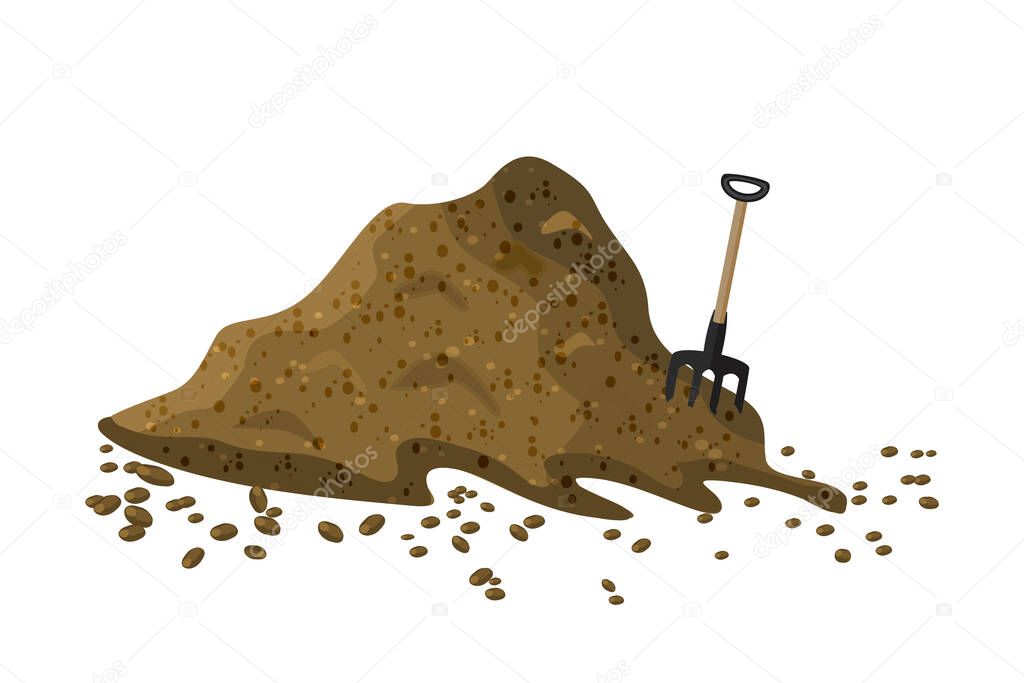 Pile of soil isolated on white background. Hayfork in a pile of substrate. Heap of ground, humus, fertilizer, compost. Hill of earth or dirt. Bunch of manure, organic garbage. Illustration of landscape, nature, farming. Zero waste. Stock vector