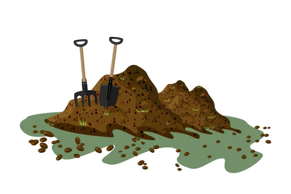 在白色背景上隔绝的一堆土 Hayfork和Shovel在一堆地面上 腐殖质 堆肥的堆肥 土山或泥土 一堆粪肥 零浪费 种群病媒 — 图库矢量图片