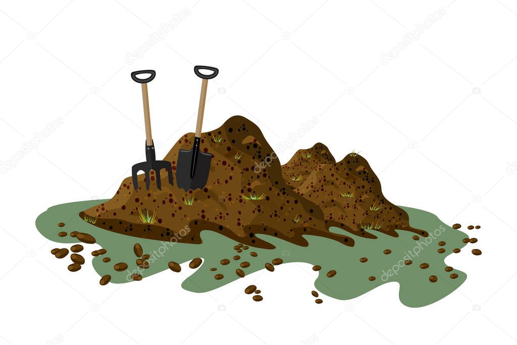 Pile of soil isolated on white background. Hayfork and shovel in a pile of ground. Heap of substrate, humus, fertilizer, compost. Hill of earth or dirt. Bunch of manure. Landscape, nature, farming. Zero waste. Stock vector