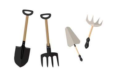 Bahçe işleri için beyaz arka planda izole edilmiş altyapı araçları. Hayfork, mala, tırmık ve kürek. Bahçe simgesi seti. Bahçe aletleri ve bahçe eşyaları. Çizgi film tarzında zemin hazırlama ekipmanları. Stok vektör illüstrasyonu