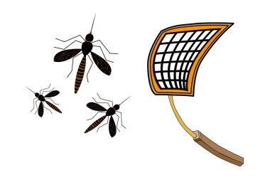 Beyaz arka planda sivrisineklerle izole edilmiş sinek eziciler. Evdeki böcekleri yok etmek için bir araç. Sivrisinekleri öldürmek için sarı palet. Böcek kapanı. Plastik palet böcek ağı tuzağı. Stok vektör illüstrasyonu