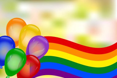 LGBT gurur ayı, gökkuşağı bayrağı, renkli balonlar ve bulanık arkaplan. Lezbiyen, Gey, Biseksüel, Transseksüel. LGBT bayrağı. Kopya alanı olan gökkuşağı aşk arkaplanı. İnsan hakları ve hoşgörü. Stok vektör illüstrasyonu