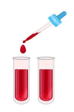 Beyaz arka planda kan ve pipetle izole edilmiş klinik biyokimya test tüpü. Laboratuvar ekipmanları. Tüp kan testi. Laboratuvar ekipmanları. Kan bağışı. Analiz için ekipman. Stok vektör illüstrasyonu