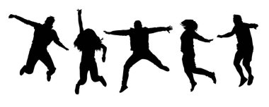 Beyaz arka planda izole edilmiş mutlu zıplayan insan siluetleri. Arkadaş şekilli siyah atlama şirketleri koleksiyonu. Neşeli erkek ve kadın. Partideki gençler. Mutlu kutlamalar. Stok vektör illüstrasyonu