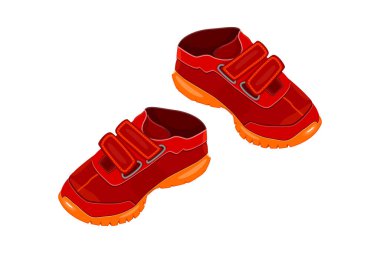 Beyaz arka planda izole edilmiş çift kırmızı ayakkabı. İki çocuk ya da cırt cırtlı ve turuncu tabanlı genç kırmızı spor ayakkabılar. Spor botlar. Logo ya da çocuk ayakkabısı sembolü. Ayakkabı mağazası için ikon. Stok vektör illüstrasyonu