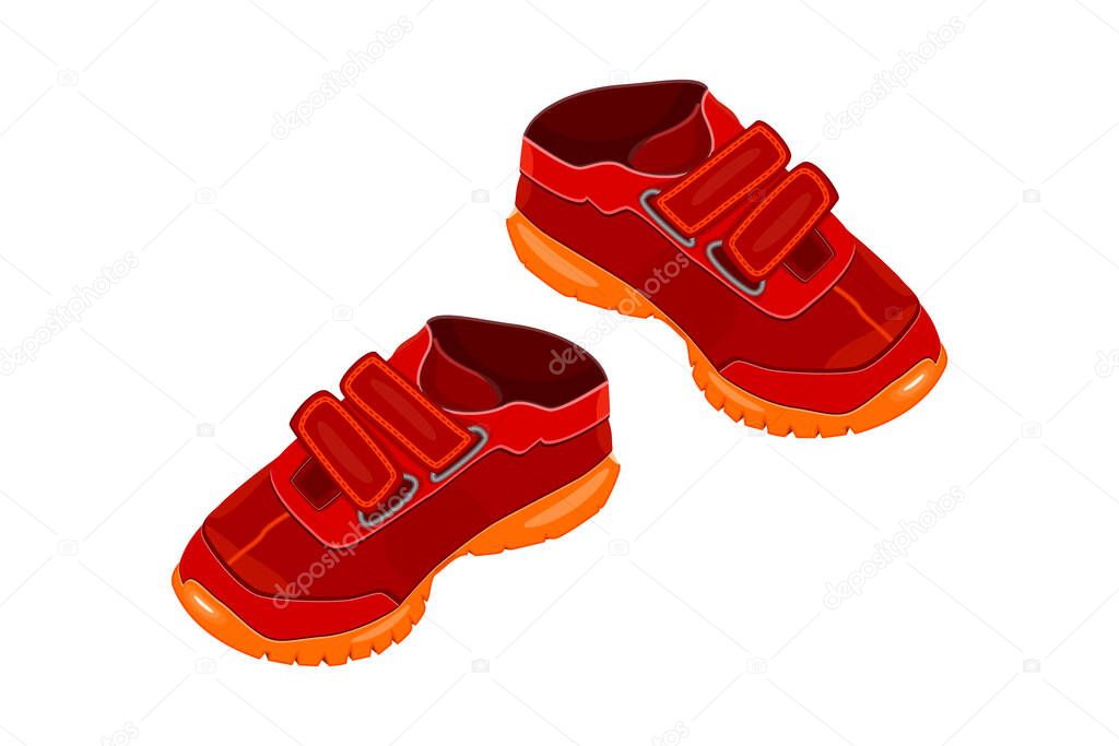 Pair red shoes isolated on white background. Two children or young adult red sneakers with velcro and orange sole. Sport boots. Logo or symbol of childrens shoes. Icon for shoes shop. Stock vector illustration