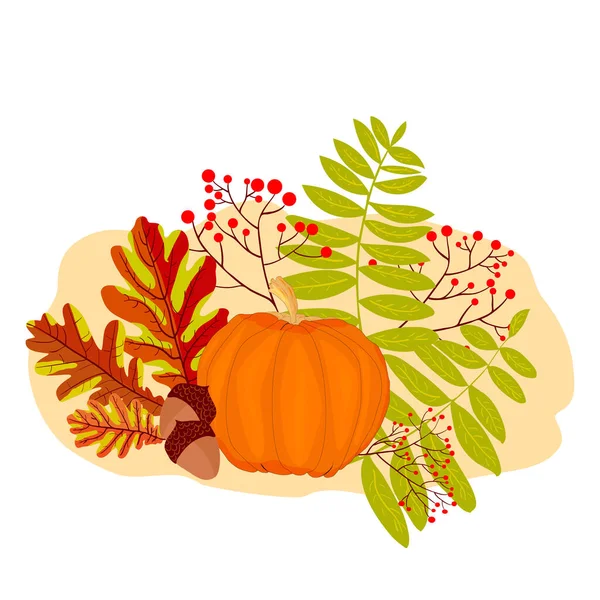 Greeting Fall Colorful Oak Leaf Rowan Berries Acorns Pumpkin Bouquet — Stock Vector