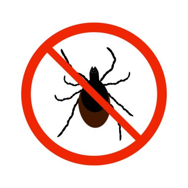 Beyaz arka planda Mite işareti var. Siyah karınca silueti kırmızı çemberde kesişiyor. Böcek ilacı için böcek kontrol işareti. Bilgilendirme ve kurumsal sağlık hizmetleri ve ilgili bakımın sembolü. Stok vektör illüstrasyonu