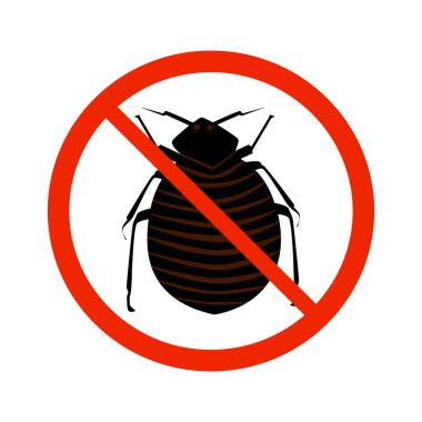 Beyaz arka planda pire işareti var. Siyah karınca silueti kırmızı çemberde kesişiyor. Böcek ilacı için böcek kontrol işareti. Bilgilendirme ve kurumsal sağlık hizmetleri ve ilgili bakımın sembolü. Stok vektör illüstrasyonu