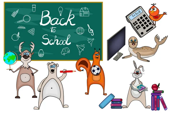 Back to school set. Animals and blackboard with school elements isolated on white background. Education theme. Cute cartoon characters. Bear, deer, bird, seal, squirrel and bunny. Stock vector illustration