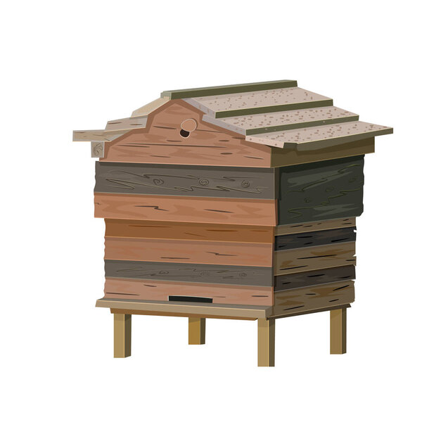 Beehive isolated on white background. Old wooden bee hive. Cartoon illustration of a hive for beekeeping, bee colony housing. Manmade wooden farm beehive. Apiculture icon for web, banner, poster, logo design. Stock vector