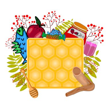 Elma balı, shofar, reçel, balık, cam, dipper, çiçek çerçevesi. Mutlu Yahudi Yeni Yılı. Shana Tova. Kopya alanı olan Rosh hashanah kartı. Güzel bir yıl geçir. Hashana Yahudi Tatili. Stok vektör illüstrasyonu