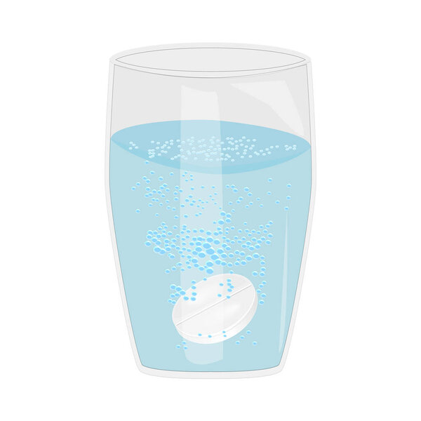 Effervescent aspirin tablets dissolve in a glass of water isolated on white background. Soluble pill, medicine drug, antibiotic or vitamin under the water. Pharmaceutical preparations. Stock vector illustration