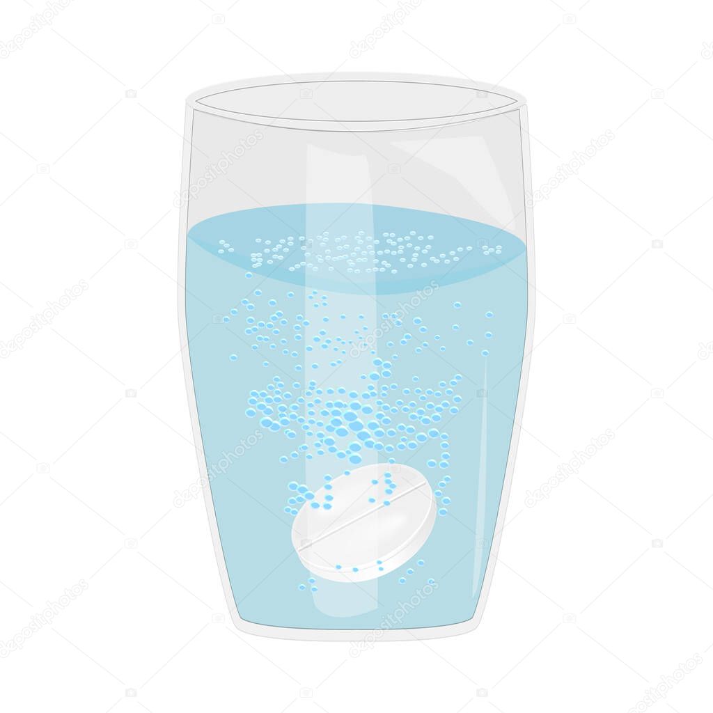Effervescent aspirin tablets dissolve in a glass of water isolated on white background. Soluble pill, medicine drug, antibiotic or vitamin under the water. Pharmaceutical preparations. Stock vector illustration