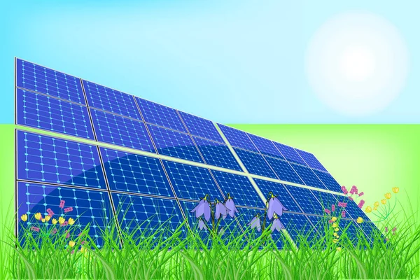 草地上的太阳能电池板电池 太阳能 太阳能发电厂在草坪上 田野面对蓝天 可再生能源和可持续太阳能的概念 世界环境日 种群矢量说明 — 图库矢量图片