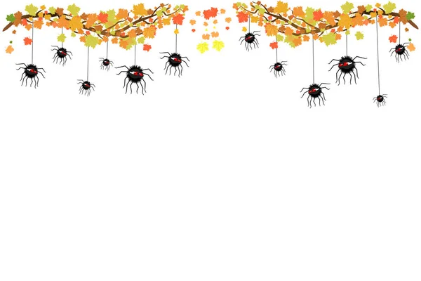 Bannière Horizontale Halloween Avec Araignées Noires Suspendues Érable Espace Copie — Image vectorielle