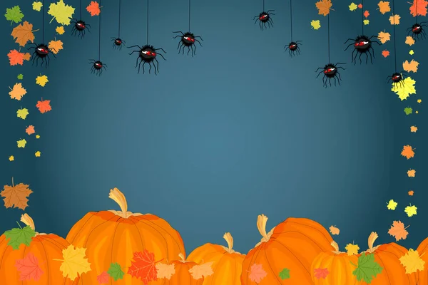Holiday banner with pumpkins, spiders and autumn leaves isolated on dark background. Many spiders, pumpkins and maple leaves banner frame with space text. Thanksgiving holiday, harvest, halloween concept. Stock vector illustration