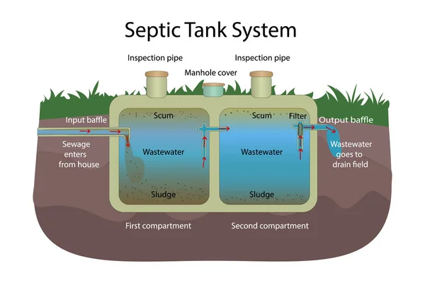 Septik Tank Sistemi. Operasyon prensibi. Biyo foseptik tankı. Hava tankı pompalanıyor. Kanalizasyon sisteminin iç şeması. Basit bir kanalizasyon tesisi. Atık su tedavisi. Stok vektör illüstrasyonu