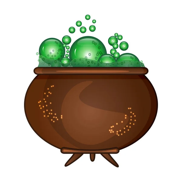 Halloween Witches Cauldron Green Potion Bubble Isolated White Background Brown — Stock Vector