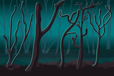 Hayalet sisli orman. Ağaçların siluetleri parıltıya karşı. Mavi sisli ağaç gövdeleri. Gece sisi orman arka planı. Cadılar Bayramı konsepti Kurumuş ağaçlarla kaplı karanlık bir manzara. Stok vektör illüstrasyonu