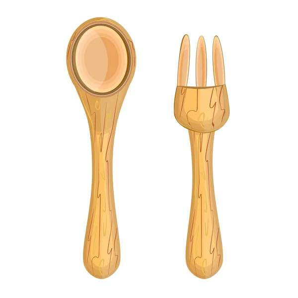 Par Madeira Garfo Colher Isolado Fundo Branco Conjunto Bambu Flatware — Vetor de Stock