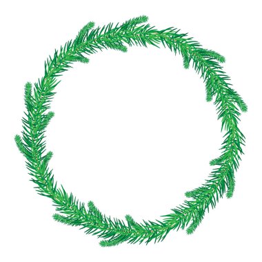 İnce yeşil Noel çelengi beyaz arka planda izole edilmiş. Süssüz Noel çelengi. Çam dallarının yuvarlak çerçevesi. Broşür, kapak, sunum, broşür, afiş, poster çerçevesi. Stok vektör illüstrasyonu