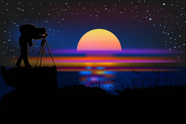 Fotograf Mit Kamera Silhouette Auf Nächtlichem Hintergrund Fotograf Bei Nacht — Stockvektor