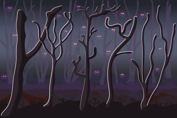 暗い森の怪物だ 怖い幽霊の森 霧の多い森だ 不気味な暗い森の中で目 霧とゾッとする夜の木材 幽霊の目を見つめ 暗い森から潜んでいる ハロウィーンのテーマに適しています ストックベクトルイラスト — ストックベクタ
