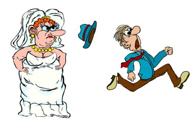 Funny newlyweds isolated on white background. Groom runs away from the bride. Running groom chased by bride. Scared groom running away from bride and marriage. Guy frightened of marriage and parenting. Stock vector illustration clipart