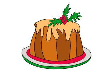 Kremalı Noel pudingi. Ev yapımı meyveli kek tatlısı. Noel ve kış bayramı yemekleri beyaz arka planda izole edilmiş. Düz dizayn. Geleneksel bayram yemekleri. Stok vektör illüstrasyonu