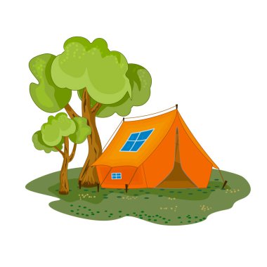 Beyaz arka planda izole edilmiş kamp çadırı ve ağaçlar. Kamp konsepti. Turist turuncu kamp çadırı, doğadaki afiş kamp malzemeleri. Seyahat, balık tutma ve yürüyüş için turistik barınak. Stok vektör illüstrasyonu