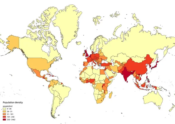 Renkli Dünya Nüfus Yoğunluğu Haritası Efsanesi Ile — Stok Vektör