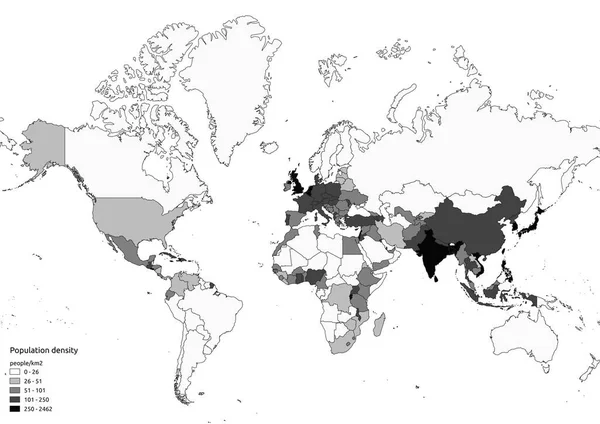 Mapa Densidad Población Mundial Escala Grises Con Leyenda — Vector de stock