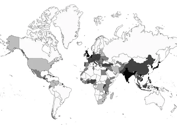 Weltbevölkerungsdichtekarte Graustufen — Stockvektor