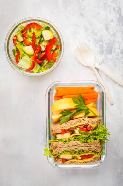 Sağlıklı yemek hazırlayın cam kaplar peynirli sebze sandviç ve sebze salatası yükü kopya alanı ile vurdu