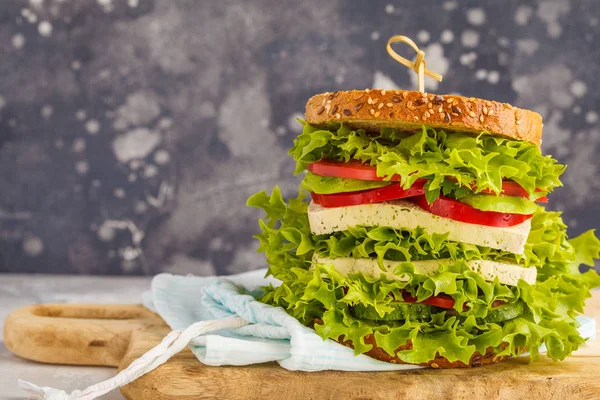 Tofu ve bir tahta masa, koyu arka plan, kopya alanı üzerinde taze sebze ile büyük vejetaryen sandviç