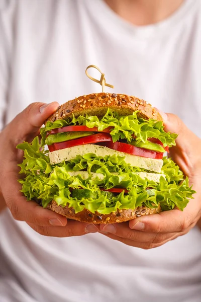 Stor Vegansk Sandwich Med Tofu Friske Grøntsager Mandlige Hænder Hvid - Stock-foto