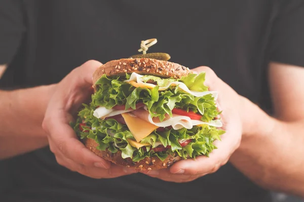 Stor Sandwich Med Brød Kød Porshutto Ost Friske Grøntsager Hanhænder - Stock-foto