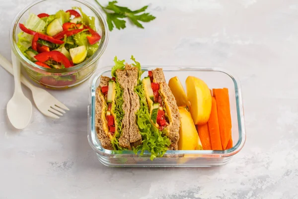 Healthy Meal Prep Glass Containers Cheese Vegetables Sandwiches Vegetable Salad — Stock Photo, Image