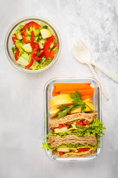 Sağlıklı yemek hazırlayın cam kaplar peynirli sebze sandviç ve sebze salatası yükü kopya alanı ile vurdu