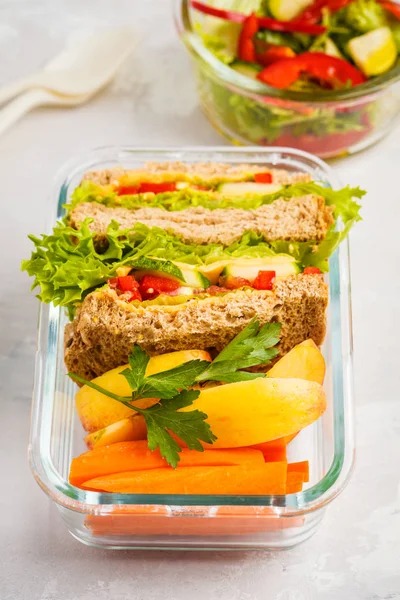 Sağlıklı yemek hazırlayın cam kaplar peynirli sebze sandviç ve sebze salatası yükü kopya alanı ile vurdu