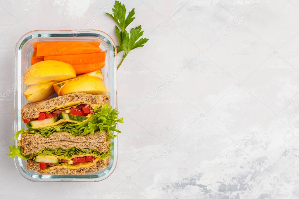 Healthy meal prep glass container with cheese vegetables sandwiches and vegetable salad overhead shot with copy space