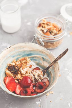 Ev yapımı granola Hindistan cevizi yoğurt ve çilek ile. Sağlıklı vegan gıda kavramı.
