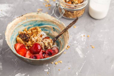 Ev yapımı granola Hindistan cevizi yoğurt ve çilek ile. Sağlıklı vegan gıda kavramı.