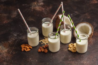 Vegan alternatif fındık süt koyu arka plan üzerinde cam şişelerde. Sağlıklı gıda arka plan. Sağlıklı vegan gıda kavramı.