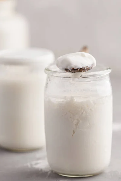 Yogur Casero Frasco Vidrio Sobre Mesa Concepto Comida Saludable —  Fotos de Stock