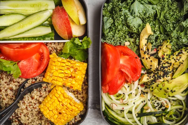 Healthy Meal Prep Containers Quinoa Avocado Corn Zucchini Noodles Kale — Stock Photo, Image